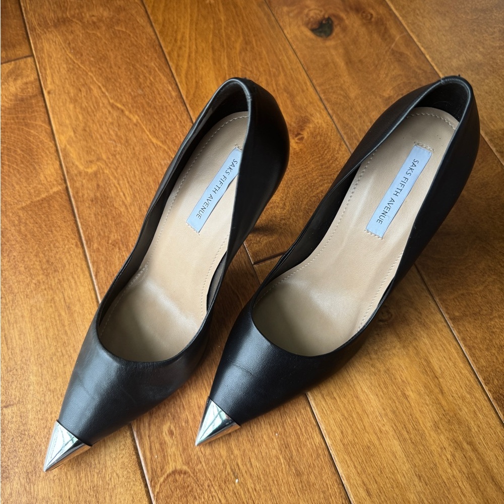 Saks Fifth Avenue Black Leather Heels with Silver Accents